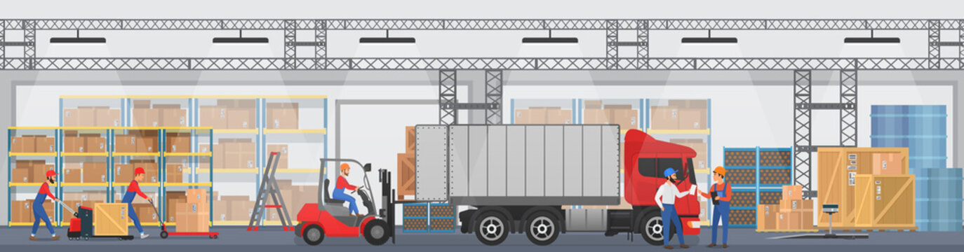 Vector Warehouse interior with workers arranging goods on the shelves and dip boxes into a truck. Warehouse modern interior wirh cargo truck.