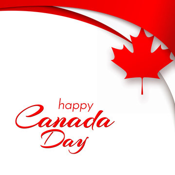 Patriot poster with Canada flag and the text of the Happy Canada Day Wavy red satin lines and a maple leaf on a white background The national patriotic symbol Poster Canada flag Vector background