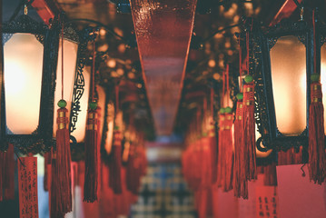 Temple Lanterns with Red Tassles in a Row