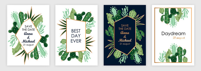 templates of wedding invitations with cartoon cacti. covers set. vector illustration © sweet kiwi