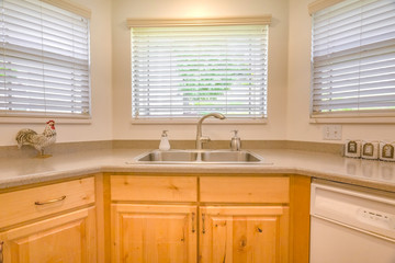 Kitchen sink with bay windows in model home