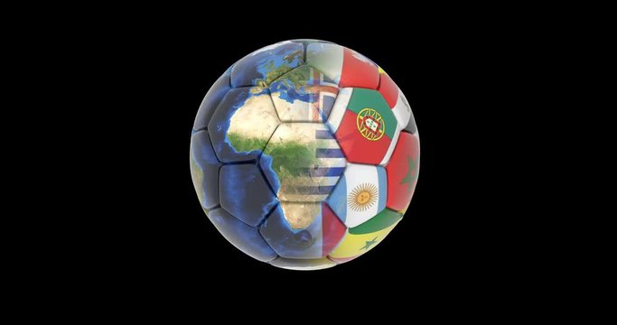 Soccer ball and continents of the planet earth rotating on a black background. maps and textures provided by NASA
