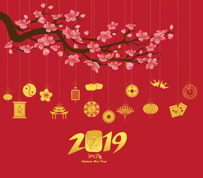Chinese new year 2019 with lantern. Year of the pig