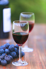 Two glasses Red Wine with wine bottle and fresh grapes on wooden table, defocused green outdoors background 7