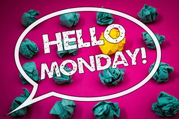 Writing note showing  Hello Monday Motivational Call. Business photos showcasing Positive Message for a new day Week Start