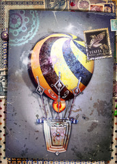Steampunk hot air balloon on old fashioned background and antique postage stamps