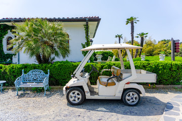 Golf cart modifed to be an gardening car by attached stainless steel tray in the back. These small...