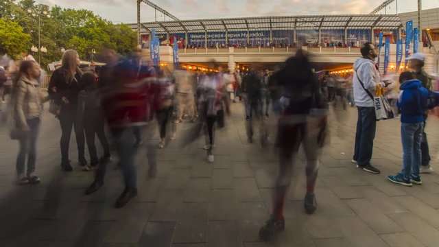  Moscow, Russia - Fourteenth June,Two Thousand Eighteenth Year;Spectators and football fans out of the stadium after the match,time lapse