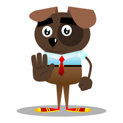 Cartoon illustrated business dog showing deny or refuse hand gesture.