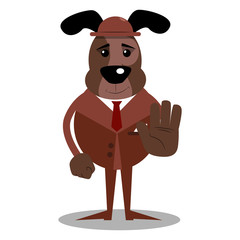 Cartoon illustrated dog showing deny or refuse hand gesture.