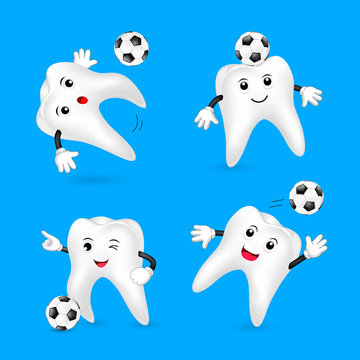 Set of cute cartoon tooth playing soccer ball. Mascot character, sport concept. Illustration isolated on blue background.