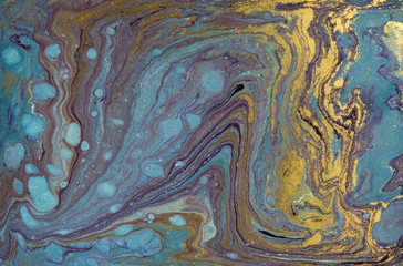 Marble abstract blue texture. Gold pattern.