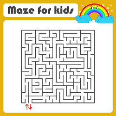 Black square maze with entrance and exit. With a cute cartoon of a rainbow. Simple flat vector illustration isolated on white background.