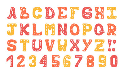 Hand-drawn cute colorful vector alphabet with doodles for typographic design.
