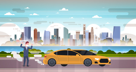 angry man in mask car emissions of exhaust gases carbon dioxide over smog nature pollution city landscape atmosphere, full length, flat vector illustration