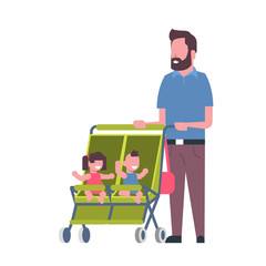father beard baby sister brother twins double stroller full length avatar on white background, successful family concept, flat cartoon vector illustration