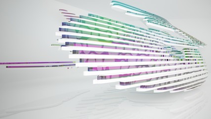 Fototapeta premium Abstract white and colored gradient glasses interior multilevel public space with window. 3D illustration and rendering.