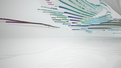 Abstract white and colored gradient glasses interior multilevel public space with window. 3D illustration and rendering.