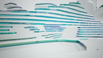 Abstract white and colored gradient glasses interior multilevel public space with window. 3D illustration and rendering.
