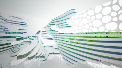 Fototapeta premium Abstract white and colored gradient glasses interior multilevel public space with window. 3D illustration and rendering.