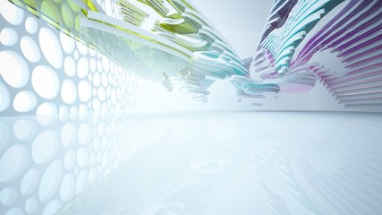 Fototapeta premium Abstract white and colored gradient glasses interior multilevel public space with window. 3D illustration and rendering.