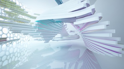 Fototapeta premium Abstract white and colored gradient glasses interior multilevel public space with window. 3D illustration and rendering.