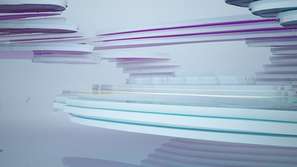 Abstract white and colored gradient glasses interior multilevel public space with window. 3D illustration and rendering.