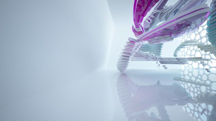 Abstract white and colored gradient glasses interior multilevel public space with window. 3D illustration and rendering.