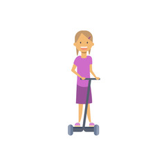 young girl riding kick electro scooter over white background. cartoon full length character. flat style vector illustration