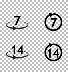 Return of goods within 7 or 14 days sign icon on transparent background. Warranty exchange symbol. Warranty 2 weeks.