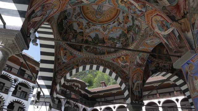 RILA, BULGARIA: The Monastery of Saint Ivan of Rila, better known as the Rila Monastery is the largest and most famous Eastern Orthodox monastery in Bulgaria. general view of the inner courtyard