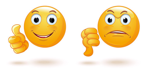 Thumb up and down. Emoticons set demonstrating opposing emotions. Cheerful and sad smiley. Emoji collection showing different gestures. Yes and No. like and dislike. Vector illustration