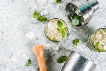 Cold summer beverage, mint julep cocktail drink, grey stone background copy space