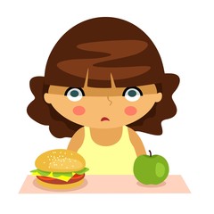 Девушка выбирает между гамбургером и яблоком