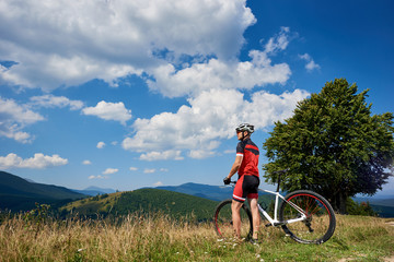 Rear view of professional bicyclist standing with bike on grassy hill. Athletic tourist enjoying...