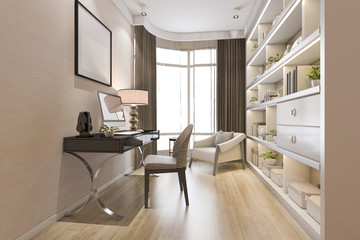 3d rendering modern wood minimal working room