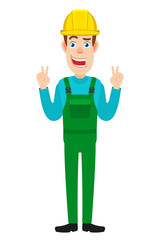 Builder showing victory hand sign or quotes hand sign
