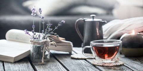 still life book and a cup of tea in the living room