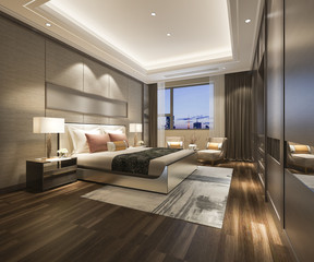 3d rendering luxury modern bedroom suite in hotel