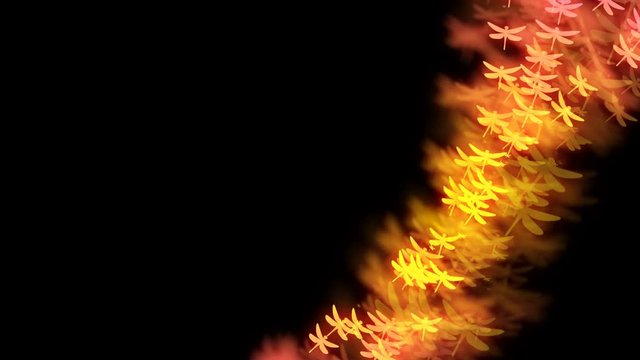 Abstract bokeh light sparkles dragonfly flying pattern yellow and pink gradient color illustration on dark background, seamless looping animation 4K with left copy space