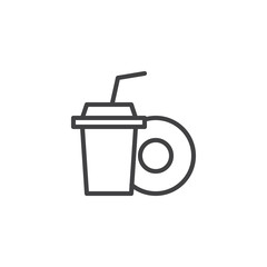 Soda drink cup and doughnut outline icon. linear style sign for mobile concept and web design. Fast food simple line vector icon. Symbol, logo illustration. Pixel perfect vector graphics
