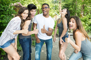 Group of racially diverse friends camping in nature