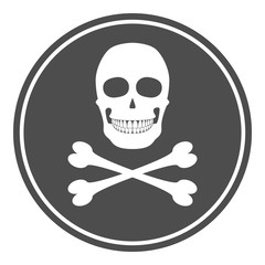 WARNING sign. White skull and crossbones on black circle. Vector icon.