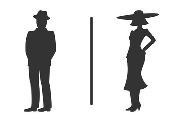 Public restroom sign. Man and woman silhouettes on white background. Vector.