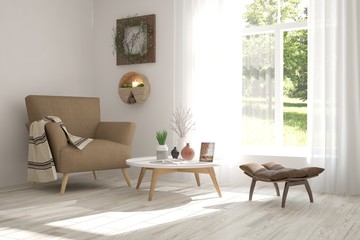 Idea of white room with armchair and summer landscape in window. Scandinavian interior design. 3D illustration