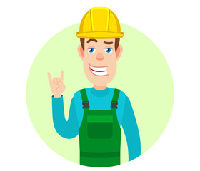 Builder showing Rock and Roll sign