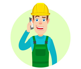 Builder talking on mobile phone