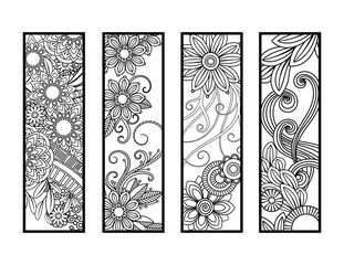 Set Of Four Bookmarks In Black And White Doodles Flowers Ornaments For Adult Coloring