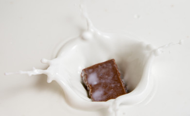 Chocolate falls in milk