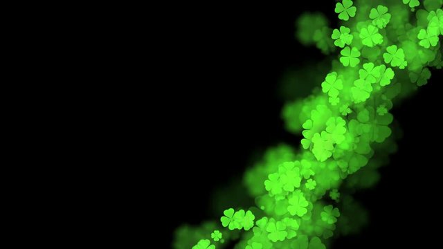 Abstract bokeh light sparkles clover four leaf pattern green color illustration on dark background, seamless looping animation 4K with left copy space